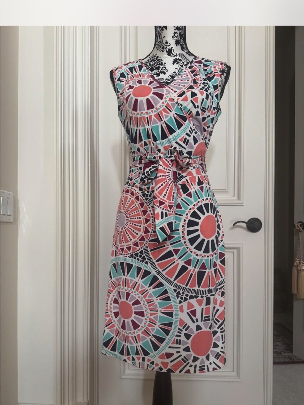Leona Edminston Coral & Teal Geometric Tie-Waist Dress